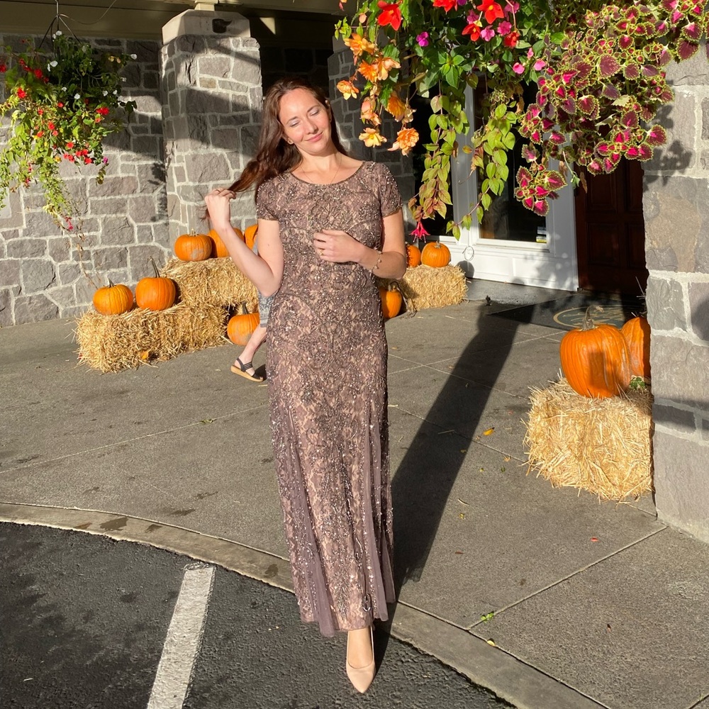 Beaded Mesh Midi Cocktail Dress